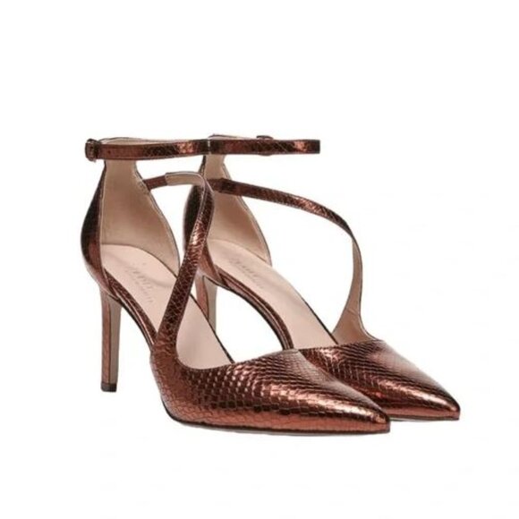 Naturalizer 27 Edit Abilyn Brown Bronze Snake Pointy Toe Ankle Strap Heels 8.5 - Picture 1 of 6